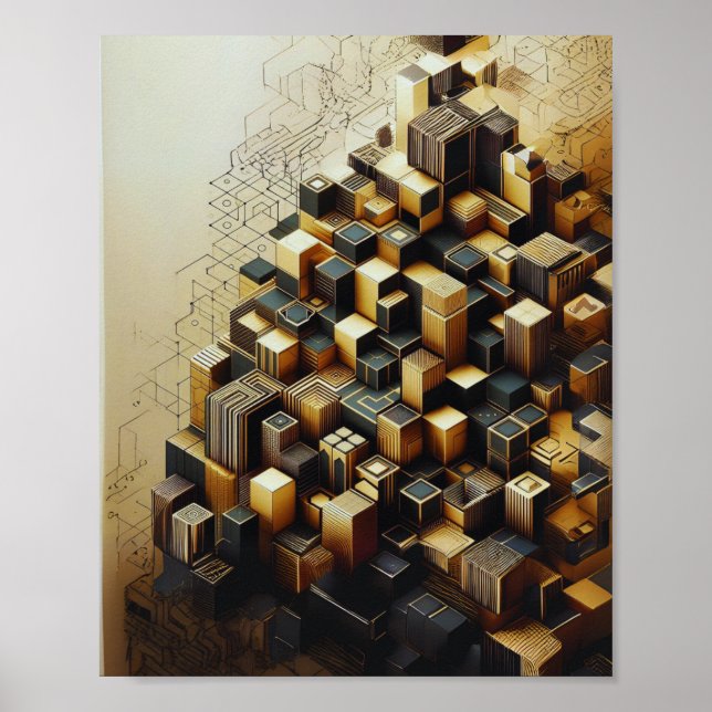 Modern Hexagonal Gold & Black Abstract Wall Poster (Front)