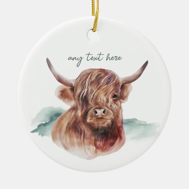 Modern Highland Cow Custom Text Ceramic Ornament (Front)