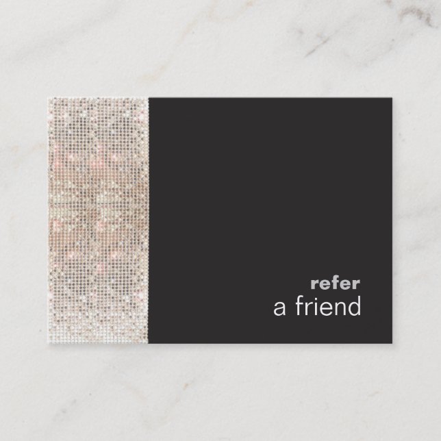 Modern Hip FAUX Sequins Salon Refer A Friend Black Referral Card (Front)