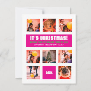 Modern Hip Pink & White 9 Photo Flat Holiday Card