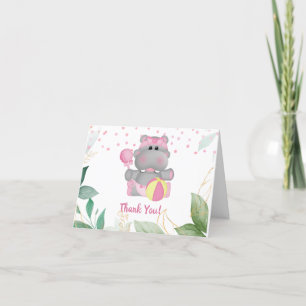 Modern Hippo Pink Green Leaves Baby Shower Thank You Card