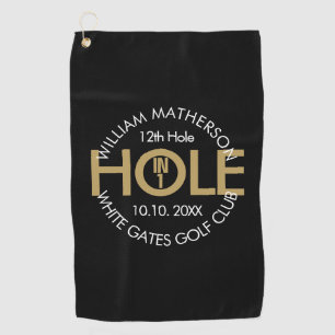 Modern Hole in One Black And Gold Golf Towel