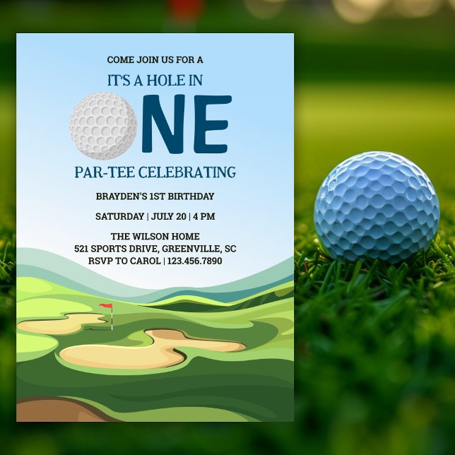 Modern Hole in One Golf Boy 1st Birthday Party Invitation (Creator Uploaded)