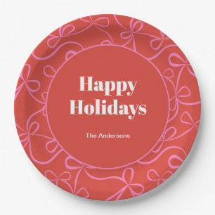 Modern Holiday Bold Red & Pink Ribbon Pattern Paper Plate