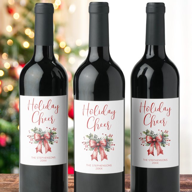 Modern Holiday Cheer Script Holly Bow Name Wine Label (Creator Uploaded)