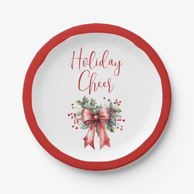 Modern Holiday Cheer Script Red Bow Holly Paper Plate (Front)