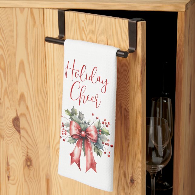 Modern Holiday Cheer Script Red Bow Kitchen Towel (Thirds Fold)