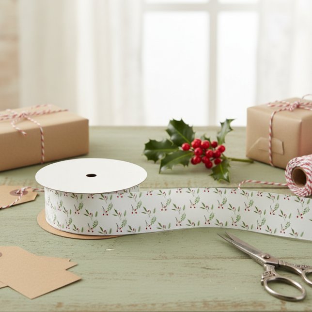 Modern Holiday Christmas Greenery Botanical Berry Satin Ribbon (Creator Uploaded)