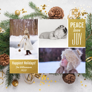 Modern Holiday Gold Peace Love Joy Photo Collage Card
