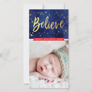 MODERN HOLIDAY GREETING believe gold script type Card