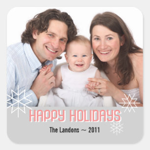 Modern holiday photo pink grey snowflake greeting square sticker