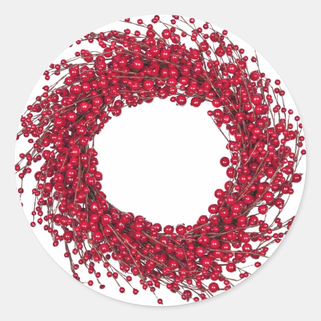 Modern Holiday Red Berry Wreath Classic Round Sticker (Front)