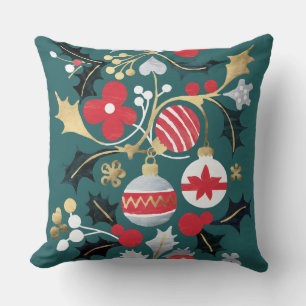 Modern Holiday Red Silver & Gold Ornaments Teal Throw Pillow