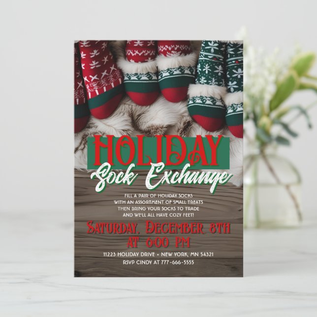 Modern Holiday Sock Exchange Party Invitation (Standing Front)