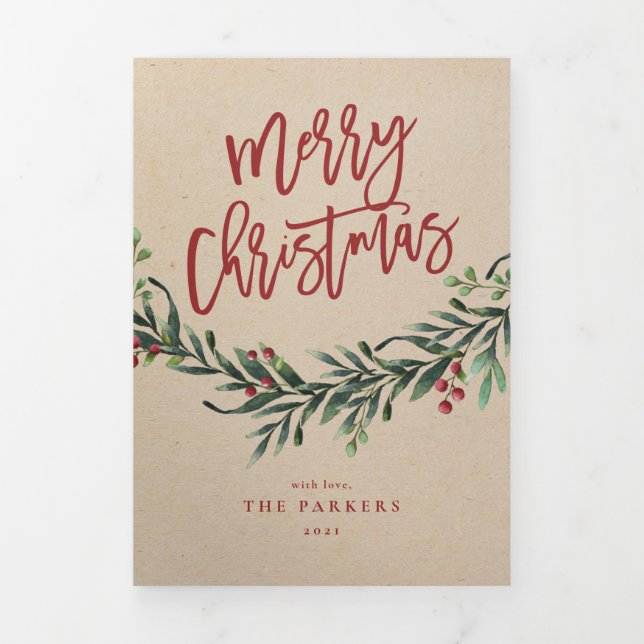 Modern holiday swag Christmas photo Tri-Fold Card (Cover)