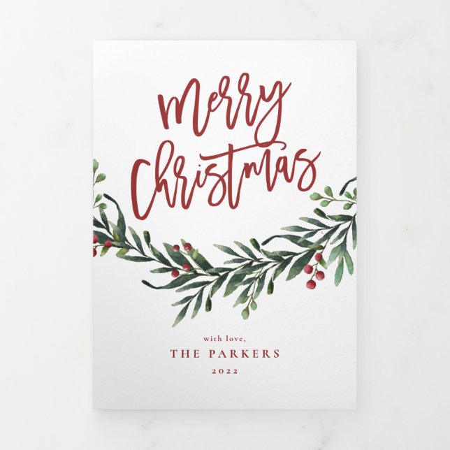 Modern holiday swag Christmas photo Tri-Fold Card (Cover)