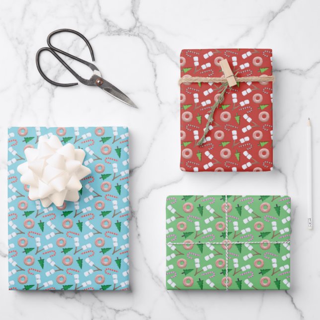 Modern Holiday Treat and Tree Patterns Christmas Wrapping Paper Sheet (Front)