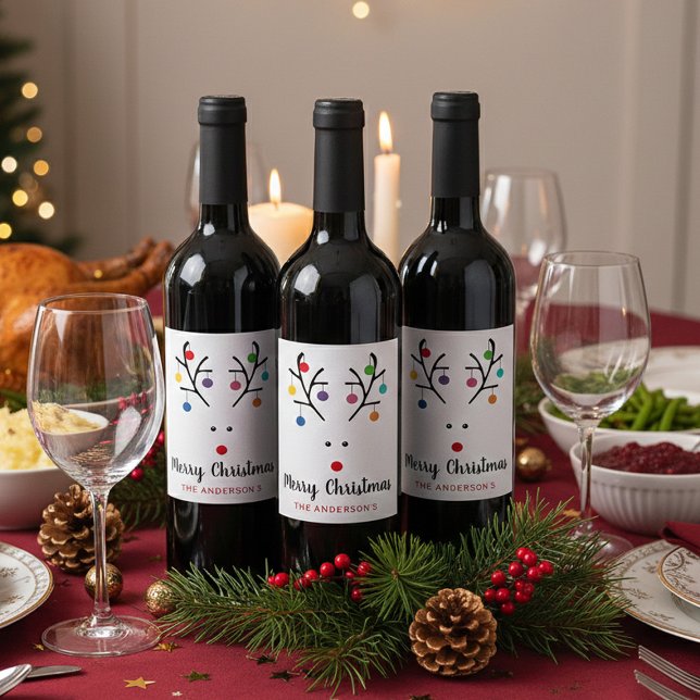 Modern Holiday Whimsical Reindeer Christmas Wine Label (Creator Uploaded)