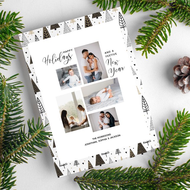 Modern Holidays New Year Photo Collage With Trees Holiday Card (Creator Uploaded)