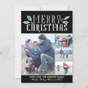 Modern Hollies 4 Photo Christmas Holiday Card
