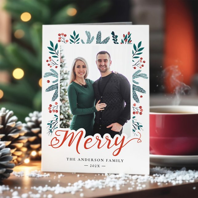 Modern Holly and Pine Merry Christmas Script Photo Holiday Card (Creator Uploaded)