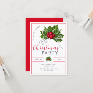 Modern Holly, Berries & Ribbon Christmas Party Invitation