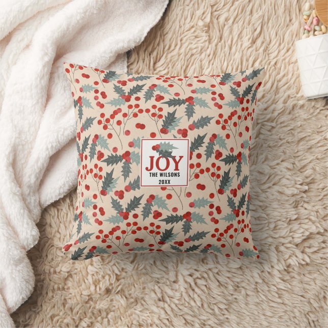 Modern Holly Berry Christmas Botanical Joy Family Throw Pillow (Blanket)