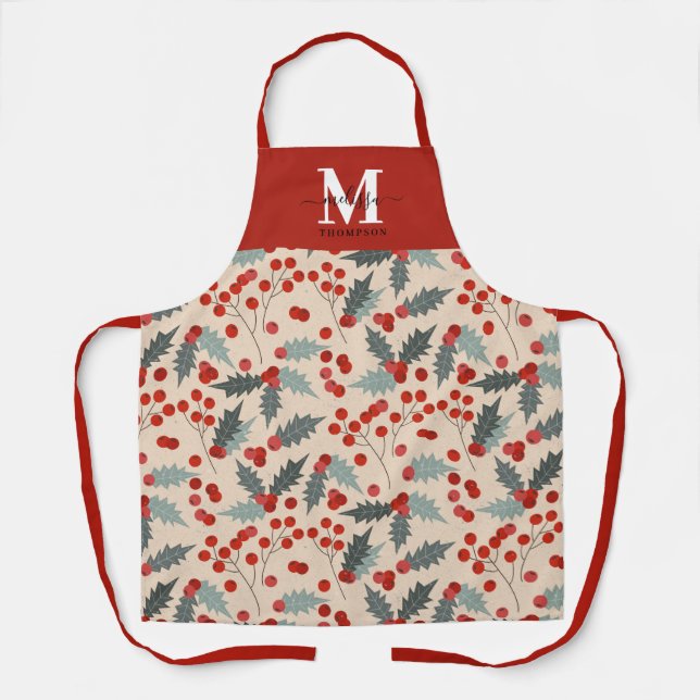 Modern Holly Berry Christmas Botanical Monogram Apron (Front)