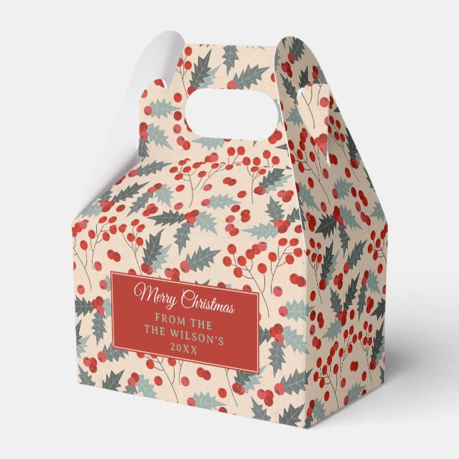 Modern Holly Berry Christmas Botanical Pattern Favor Box (Front Side)