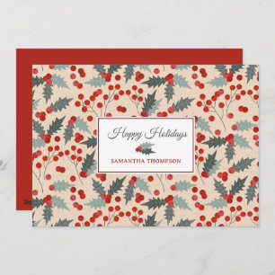 Modern Holly Berry Christmas Botanical Pattern Holiday Card