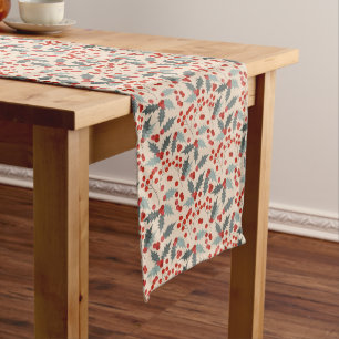 Modern Holly Berry Christmas Botanical Pattern Long Table Runner