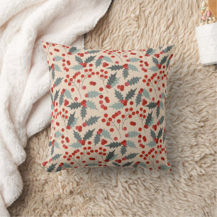 Modern Holly Berry Christmas Botanical Pattern Throw Pillow