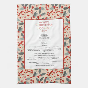 Modern Holly Berry Christmas Botanical Recipe Kitchen Towel