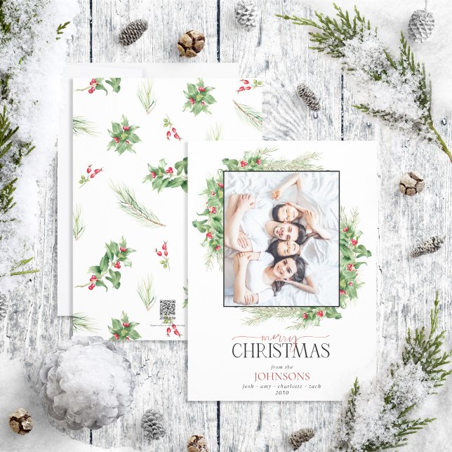Modern Holly Berry Greenery Merry Christmas Photo Holiday Card (Creator Uploaded)