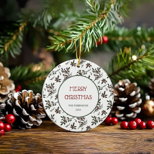 Modern Holly Christmas Botanical Berries Pattern Ceramic Ornament