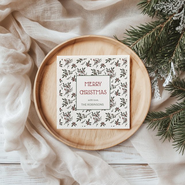 Modern Holly Christmas Botanical Berries Pattern Napkin (Merry Christmas Holly Plant Berries Napkin Mock up
)