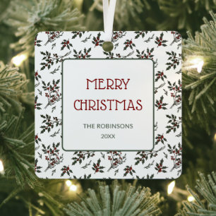Modern Holly Christmas Plant Berries Pattern Metal Ornament