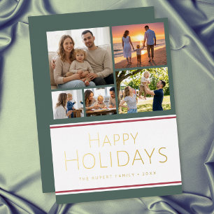 Modern Holly Five Photo Collage Happy Holidays Foil Holiday Card