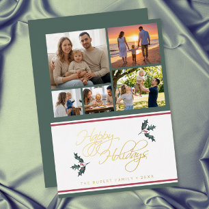 Modern Holly Five Photo Collage Happy Holidays Foil Holiday Card