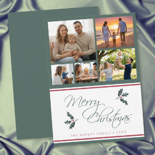Modern Holly Five Photo Collage Merry Christmas Holiday Card