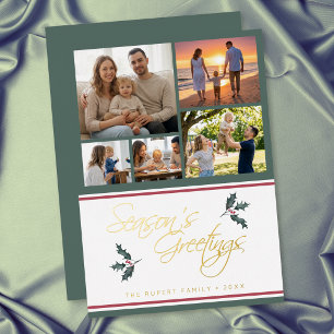 Modern Holly Five Photo Collage Seasons Greetings Foil Holiday Card