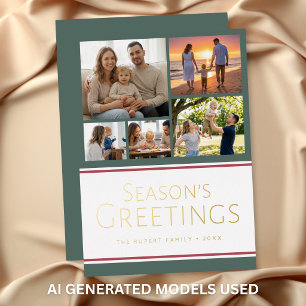 Modern Holly Five Photo Collage Seasons Greetings Foil Holiday Card