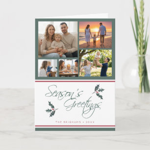 Modern Holly Five Photo Collage Seasons Greetings Holiday Card