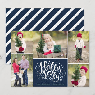 Modern Holly Jolly Photo Collage Christmas Navy Holiday Card
