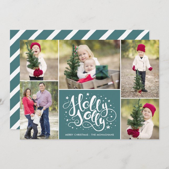 Modern Holly Jolly Photo Collage Christmas Teal Holiday Card (Front/Back)