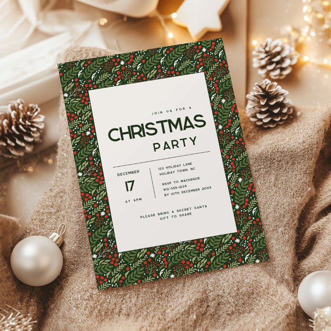 Modern Holly Leaf Christmas Party Invitation (Holly Leaf Christmas party invitation)