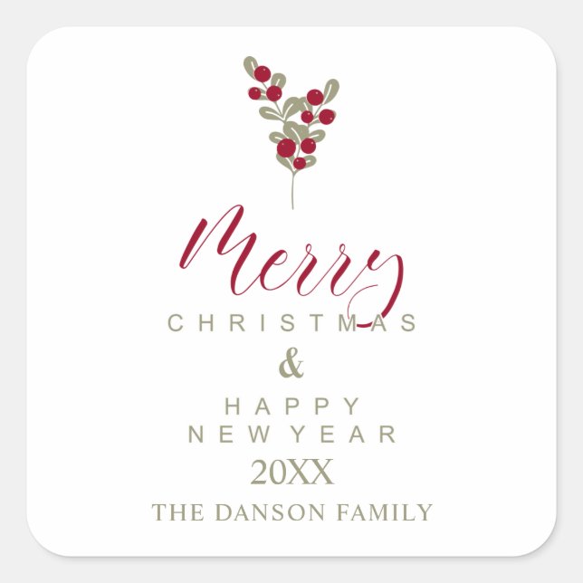 Modern Holly Minimalist Christmas Happy New Year Square Sticker (Front)