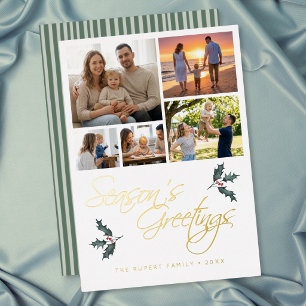 Modern Holly Photo Collage Seasons Greetings Foil Holiday Card