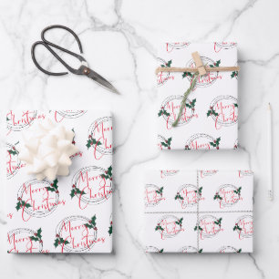 Modern Holly Wreath Merry Christmas Wrapping Paper Sheet