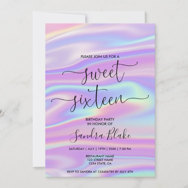 Modern Holograph Girly Trendy Sweet 16 Invitation (Front)